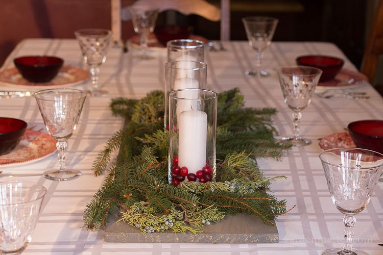 Wood Plant Centerpiece with Evergreens and Candles