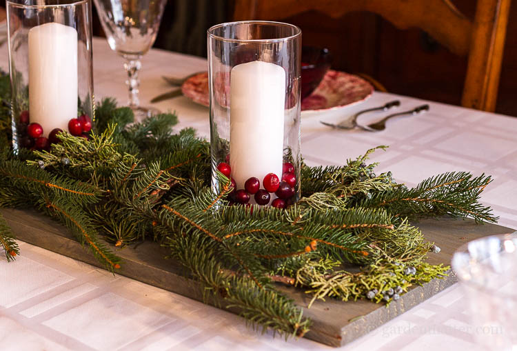 Wood, Candle, Cranberry and Fresh Evergreen Centerpiece