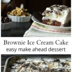 Slice of ice cream brownie cake and the full cake below.