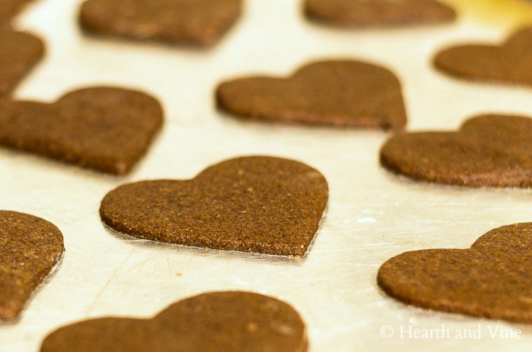 Chocolate cookie dough cut out into hearts