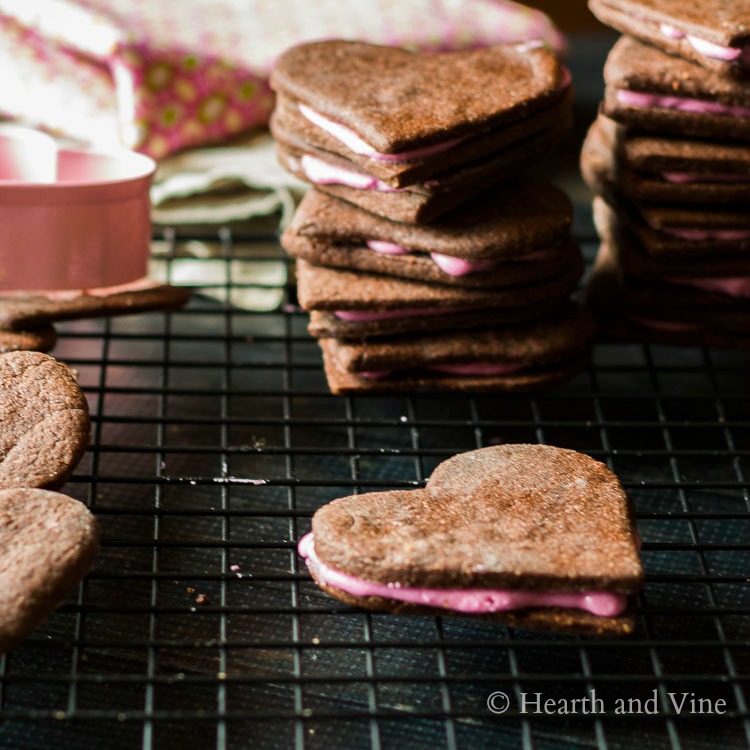 Chocolate heart shaped pink butter cream cookies