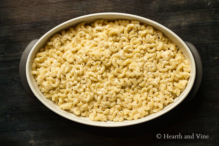 Baking dish with leftover macaroni and cheese