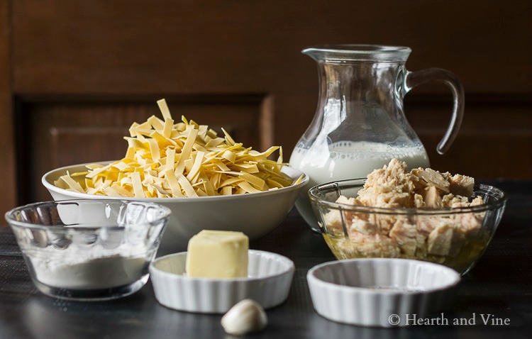 Ingredients for tuna noodle casserole. Egg noodles, canned tuna, milk, flour, butter and seasonings.