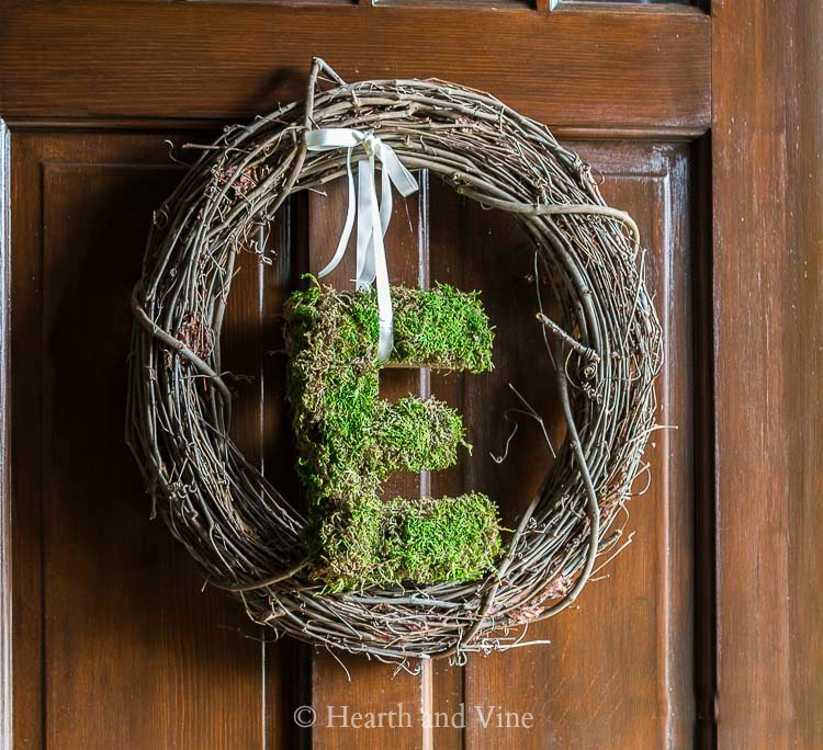 Letter E on grapevine wreath