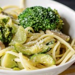 Small bowl of pasta primavera with spaghetti, broccoli, zucchini, and mushrooms