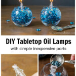 Burning round oil lamps with blue gems, inserts and a image of filling the vase.