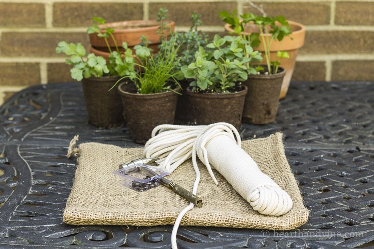 Materials for burlap herb garden tutorial.