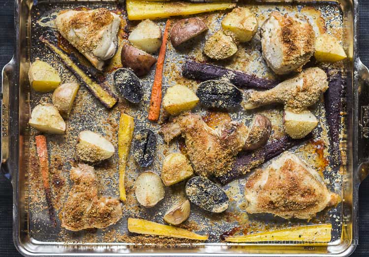 One pan baked chicken and vegetables.