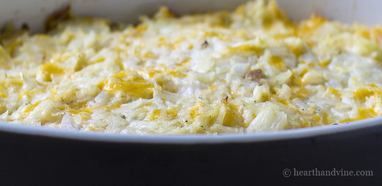 Closeup of cheesy potato casserole.