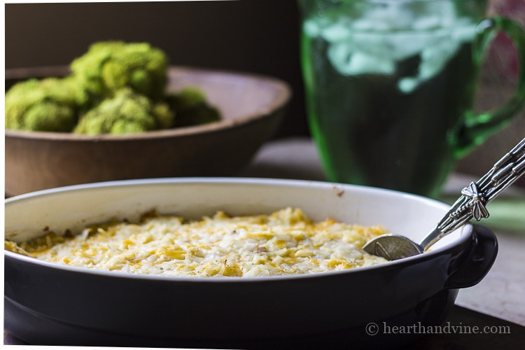 Casserole of shredded potatoes with cheese, sour cream and soup.