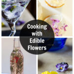 Edible flower ice cubes, cupcakes, vinegar and candied flowers.