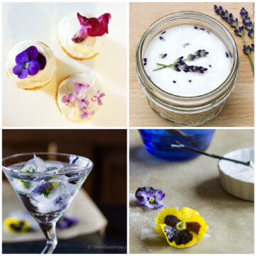 Edible flowers in sugar, on cupcake, in ice cubes and sugar coated.
