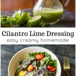 Top image has a pitcher of cilantro lime vinaigrette and limes, bottom shows a bowl of greens, tomatoes and dressing