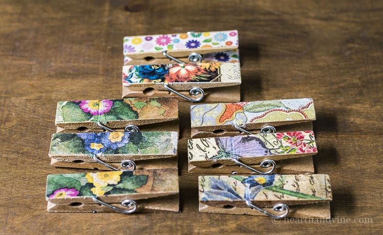 Clothespin magnets with floral prints.