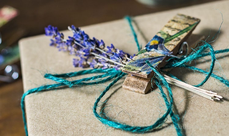 Colorful magnetic clothespin embellishing a present.