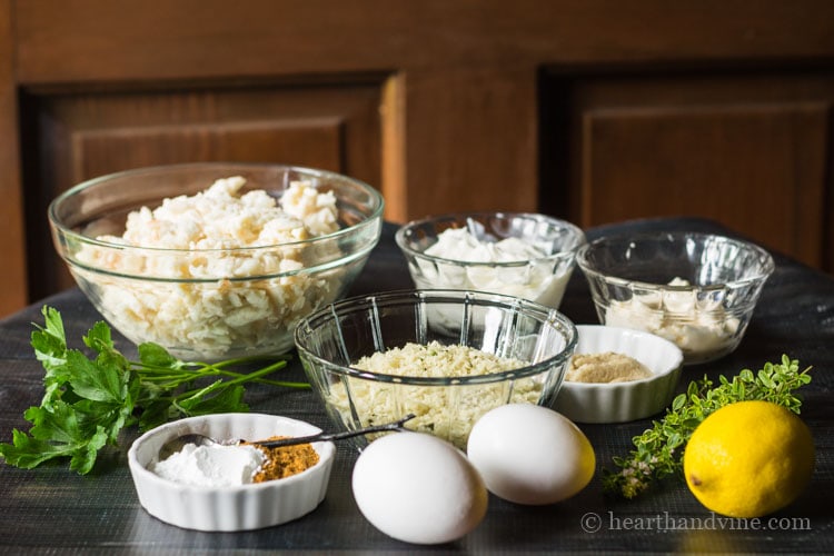 Ingredients for crab cakes and lemon thyme dip.