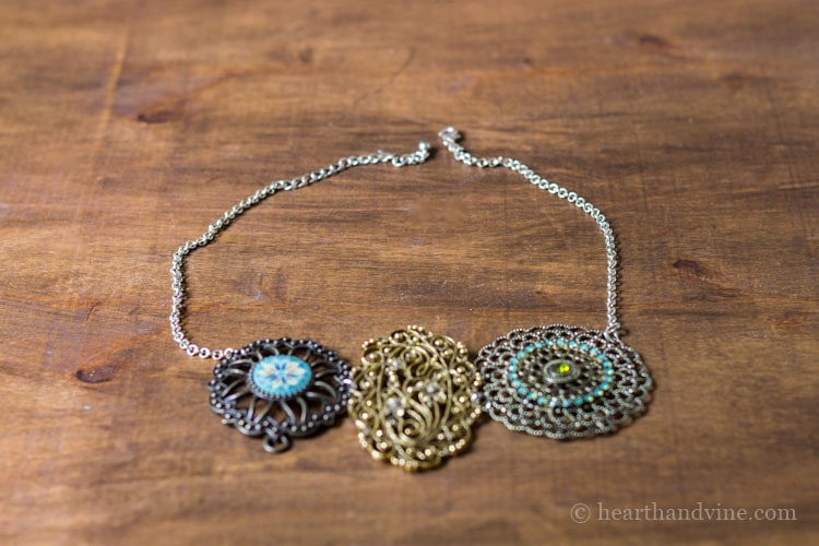 Statement necklace made from vintage jewelry.