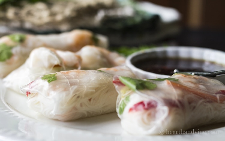 Healthy and light shrimp spring rolls with dip.