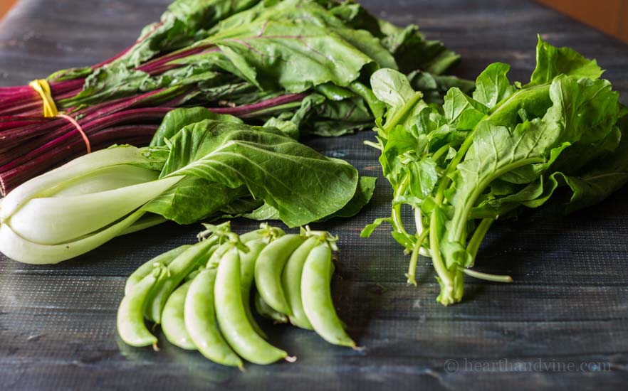 Greens and sugar snap peas.