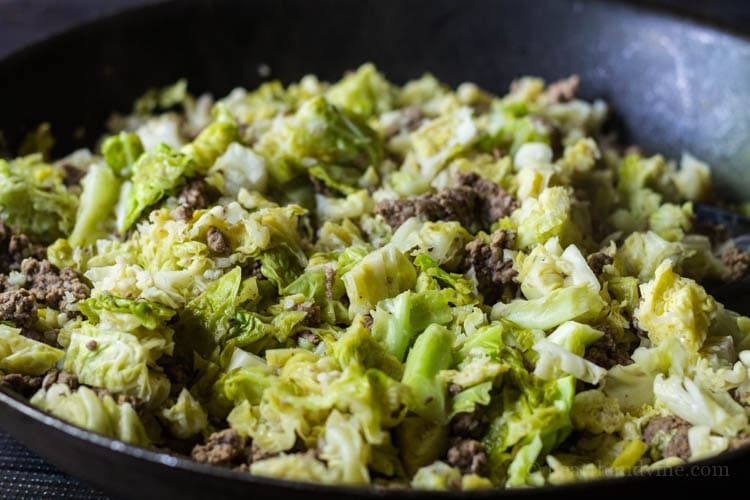 Beef and cabbage in skillet