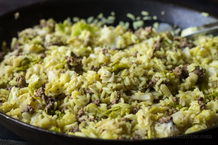 Beef cabbage and rice in skillet