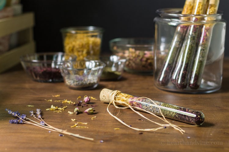 Test tube dried flowers and herbs perfect for gift giving.