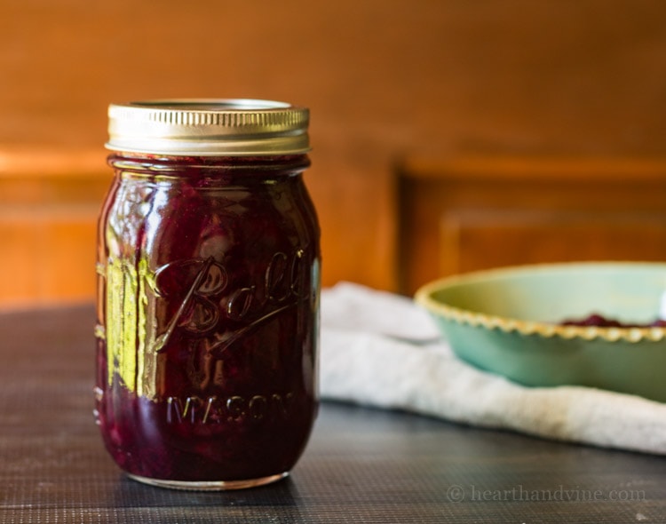 Blueberry sauce in mason jar.