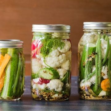 Pickled vegetables made with spices and brine can be kept in the refrigerator for several weeks, are easy to create, and make a great healthy snack.