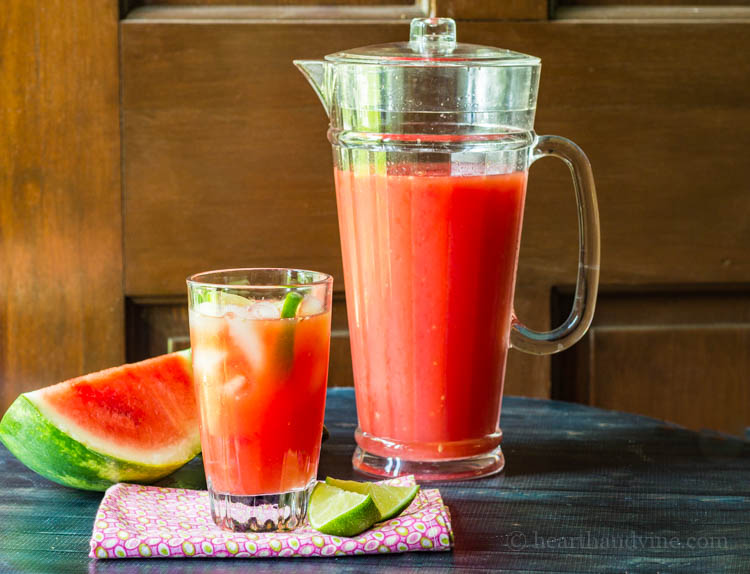 Pitcher of rum punch made with watermelon.