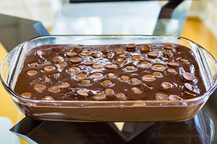 Reese's mini peanut butter cups on top of cake.