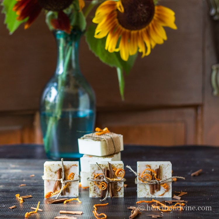 Melt and pour soap scented with orange and cinnamon oils.