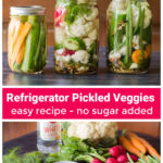 Three mason jar pickles vegetables over ingredients including spices, radishes, carrots and cucumbers.
