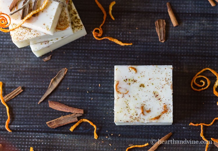Melt and pour soap with sweet orange and cinnamon oil.