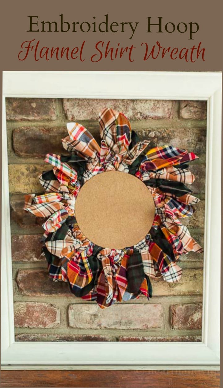 Flannel shirt material wreath with embroidery hoop