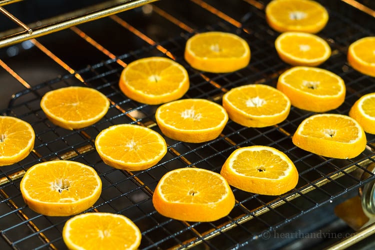 Orange slices drying in the oven.