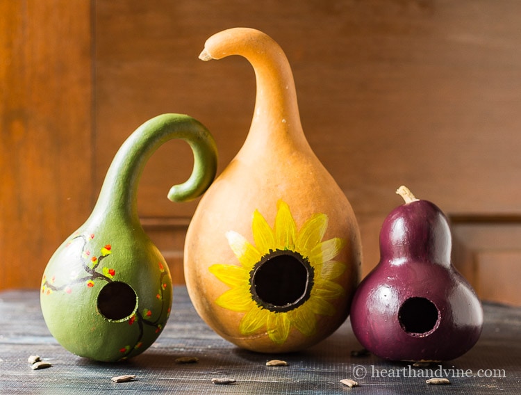 Painting gourds adds whimsy and color to your fall decor. Add a little hole and you have a cute birdhouse look for your mantel or other vignette.