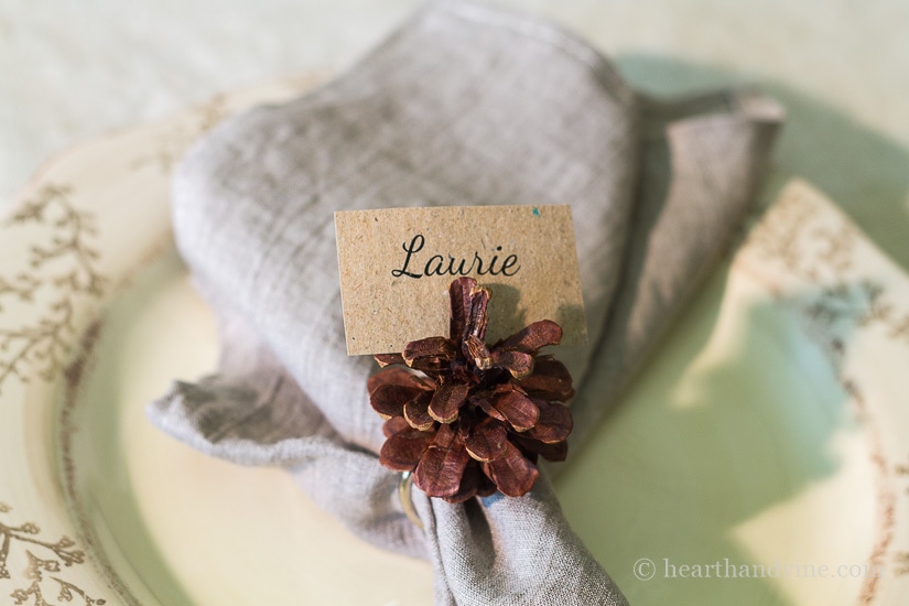 Pine cone napkin rings create natural beauty for your table any time of year. They are simple to make, and also double as name tag holders.
