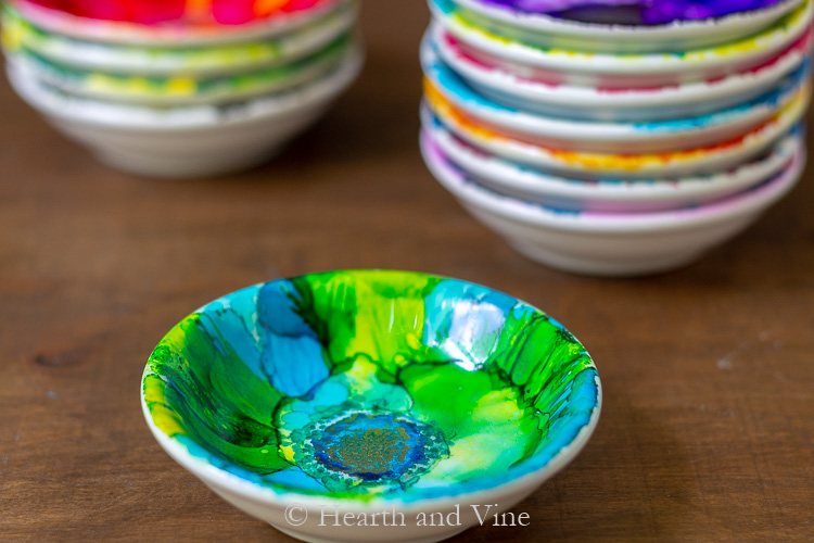 Blue and green alcohol ink dish