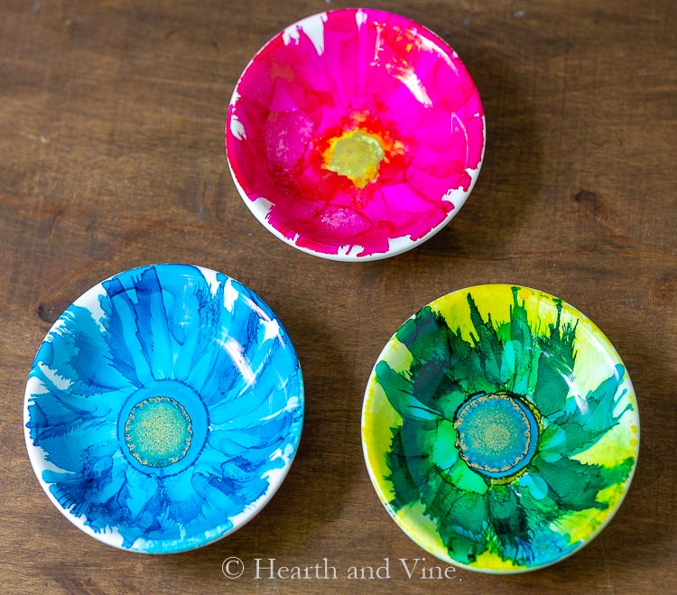 Trio of alcohol ink flower dishes