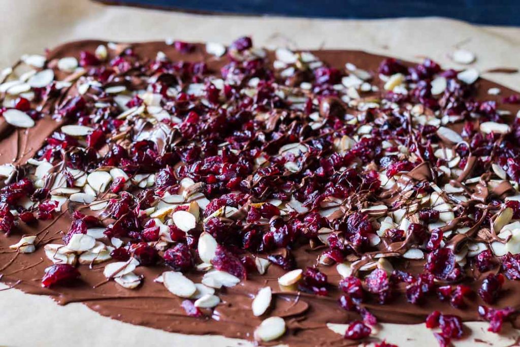 Chocolate bark with almonds and dried cranberries.