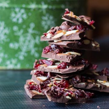 Chocolate bark with almond and dried cranberries.