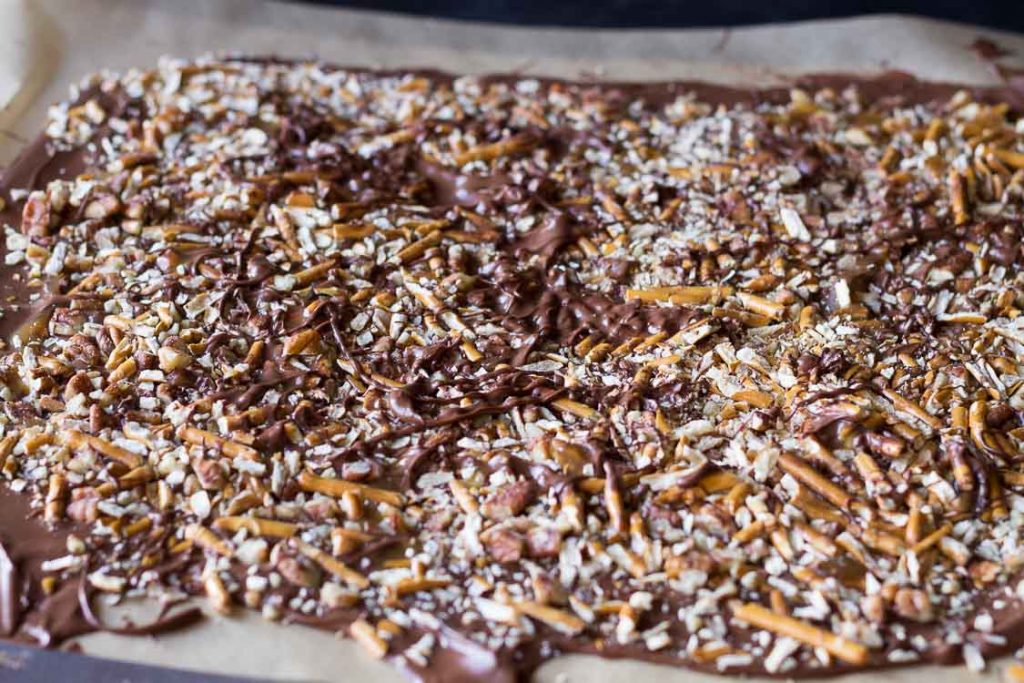 Chocolate bark with pretzels, pecans, and caramel.