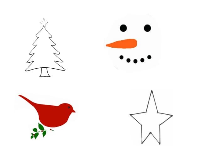 Templates for the punch ornametns. Tree, snowman, bird and star.