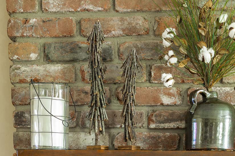 Twig Christmas trees on mantel