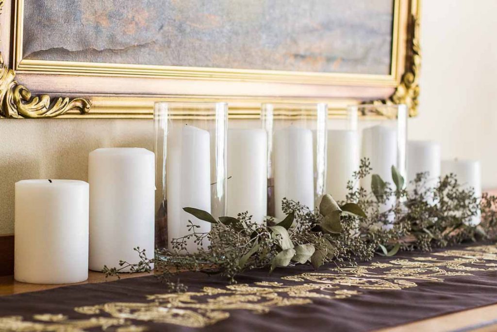Christmas Home Tour 2017 buffet candles and greens.
