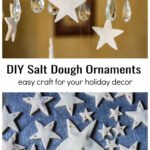 Salt dough white stars hanging from a chandelier and several more stars on a cookie sheet.