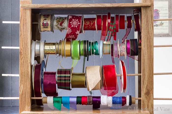 Organizing ribbon with wooden dowel rods.