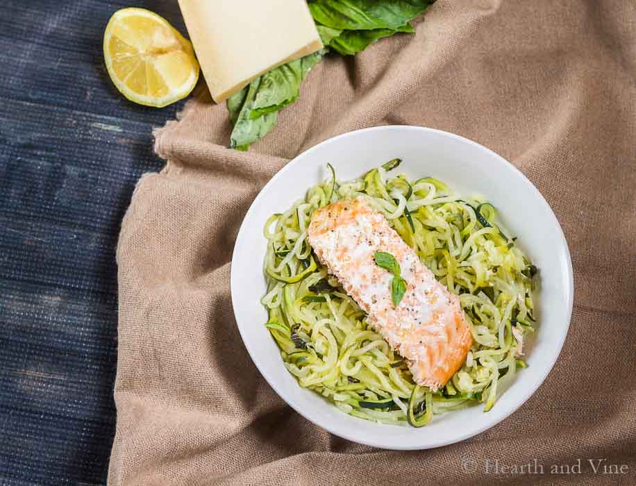 Lemon Parmesan zoodles with salmon.