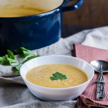 Potato soup bowl and spoon.