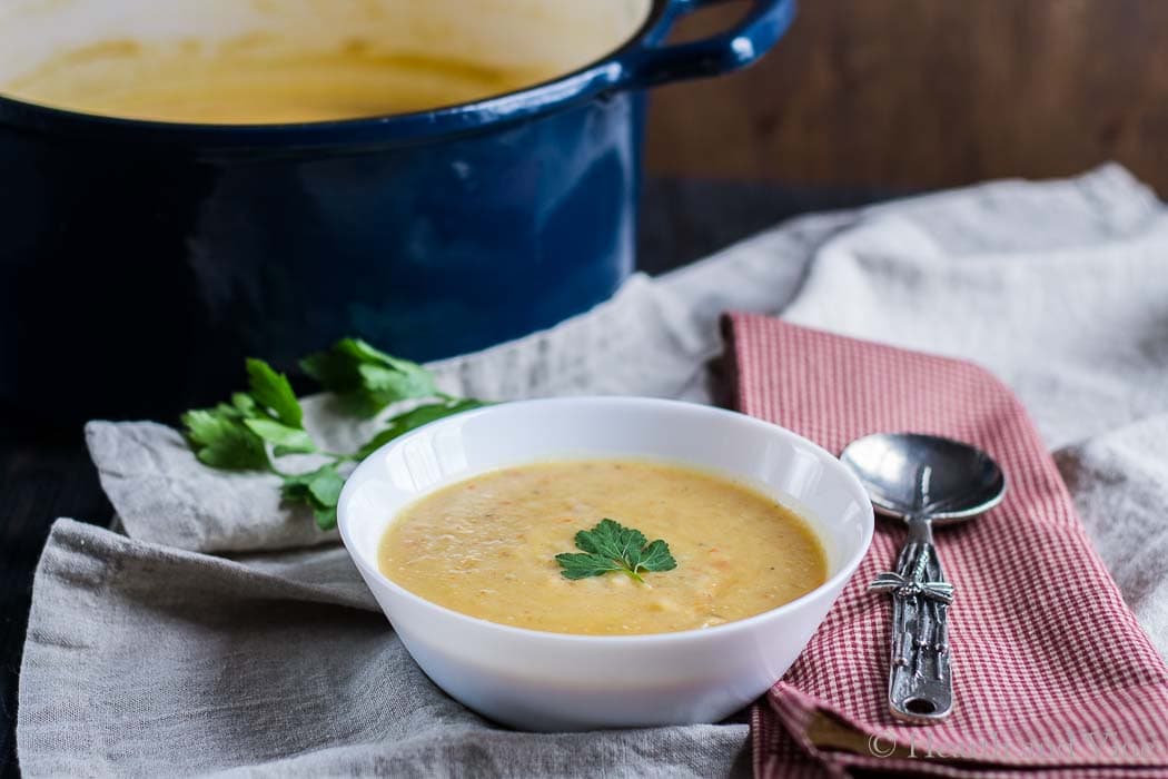 Potato soup bowl and spoon.